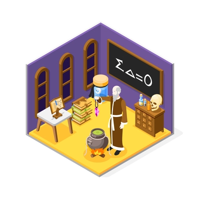 Alchemy isometric composition with alchemical laboratory interior and alchemist holding crystal over cauldron 3d vector illustration