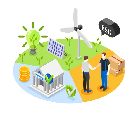 Esg taking care of nature and staff rights isometric concept with alternative energy sources bank employee 3d vector illustration
