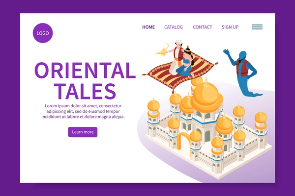 Oriental tales isometric web site with fairy heroes hovering over ancient castle with golden towers vector illustration