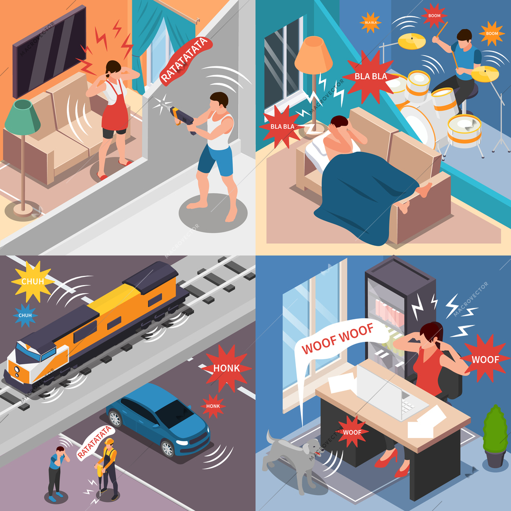 Sound pollution 2x2 design concept set of people suffering over urban noises isometric vector illustration