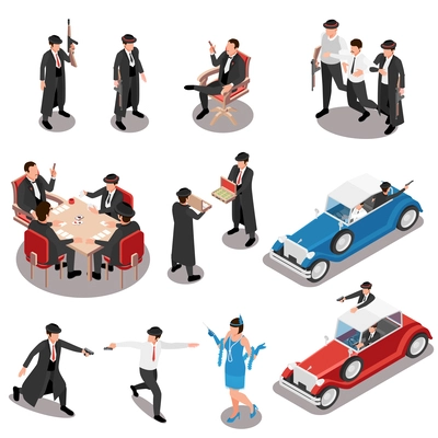 Mafia isometric set of  mafiosi characters with guns in casino and retro auto isolated vector illustration