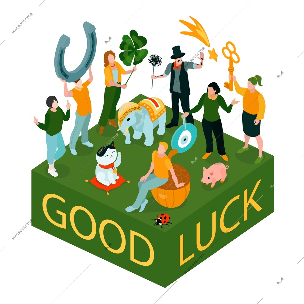 Isometric good luck symbols composition with isolated view of square platform with lucky people on top vector illustration