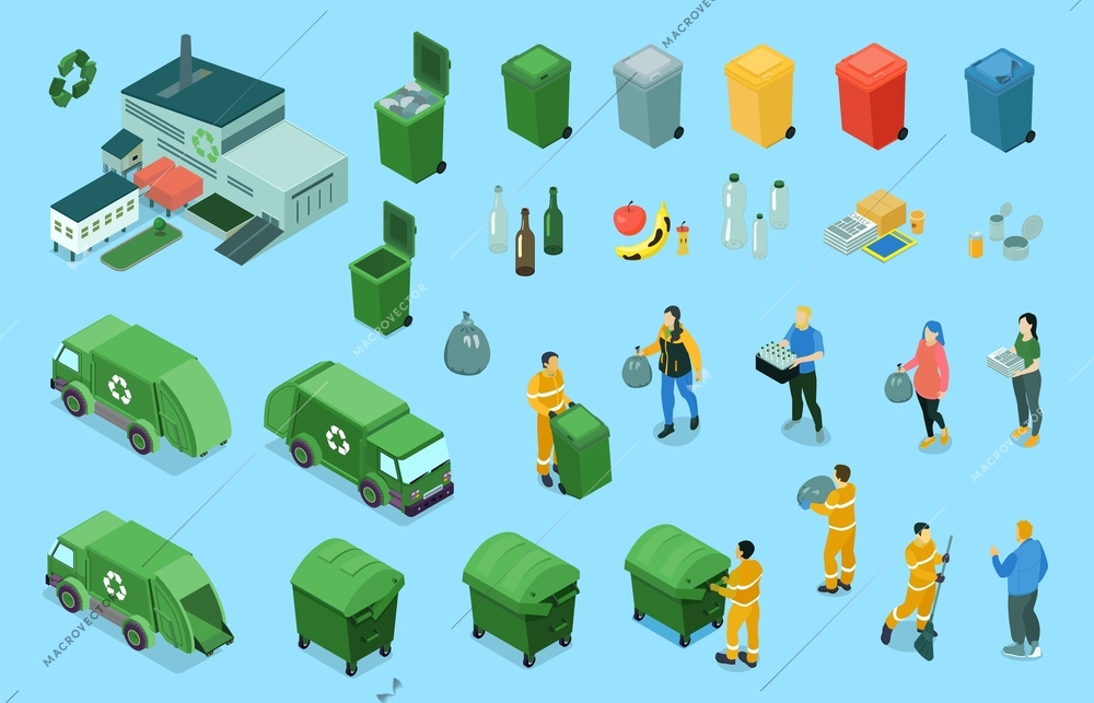 Isometric recycling set with color coded waste bins for separating rubbish green dump trucks and people vector illustration