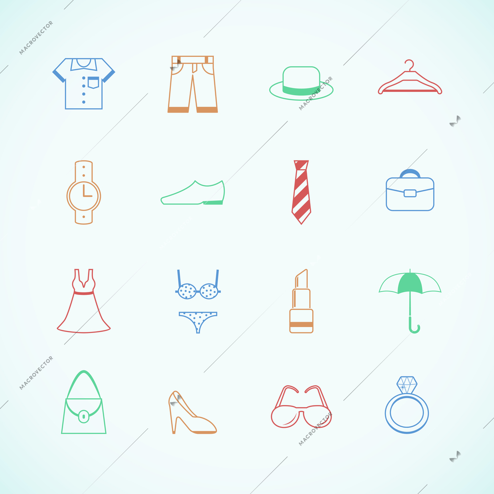 Clothes accessories pictograms of cap boots glasses and pants isolated vector illustration