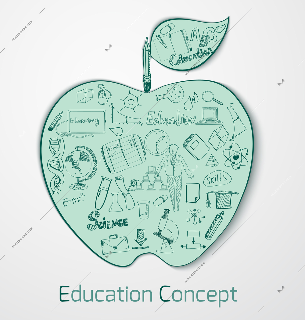 Education doodle concept with science and knowledge symbols in apple shape vector illustration