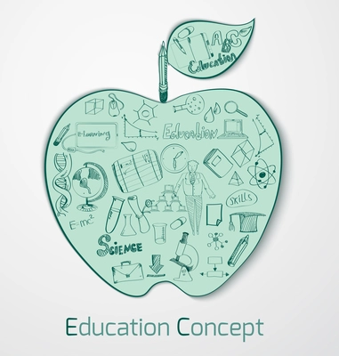 Education doodle concept with science and knowledge symbols in apple shape vector illustration