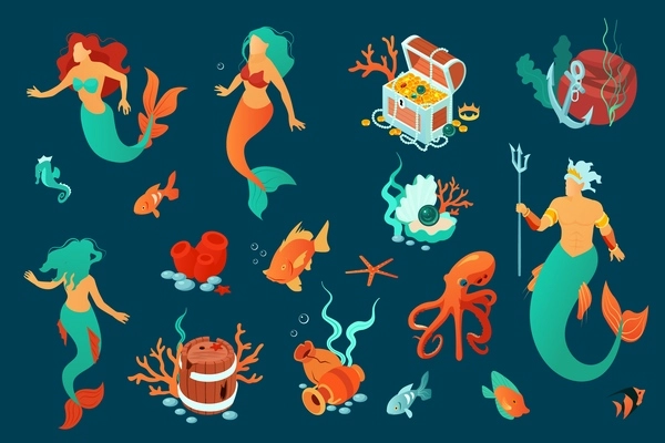 Set with isolated isometric underwater world mermaid icons with faceless characters sea weed and floating fishes vector illustration