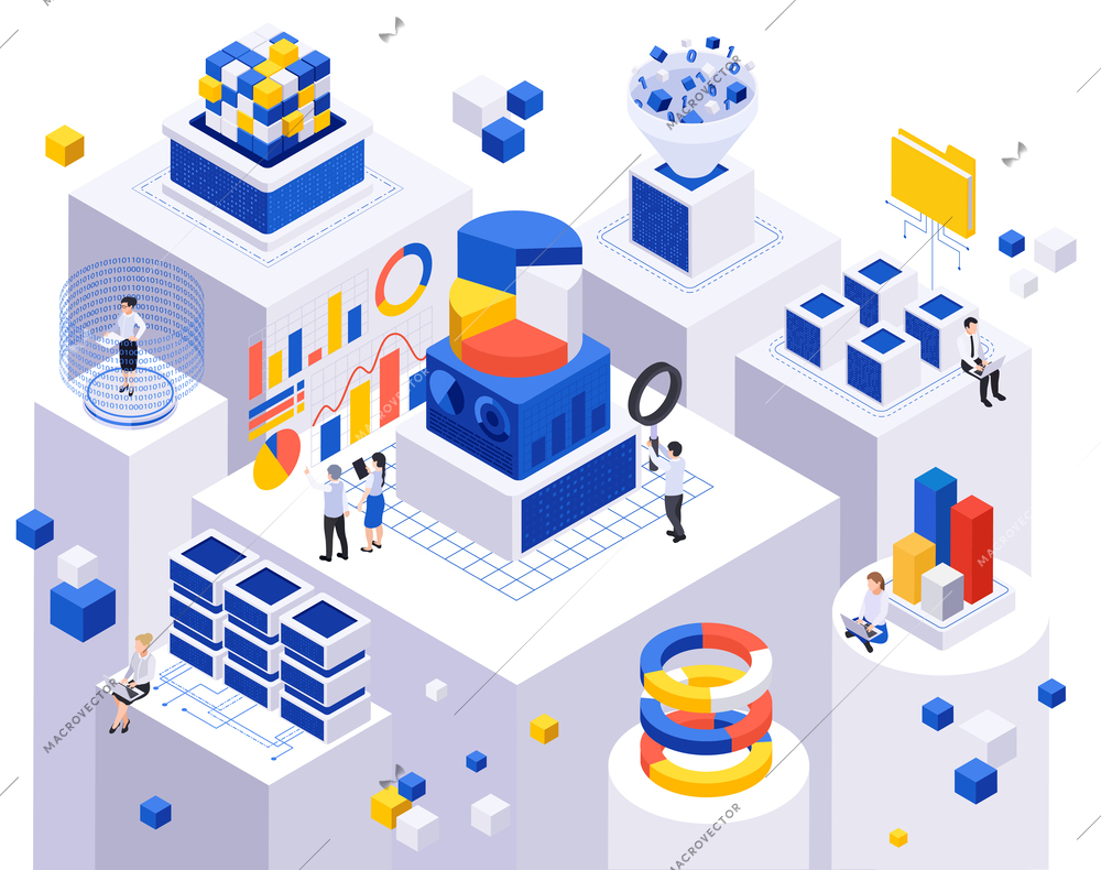 Data economy isometric composition with circular graphs bar charts flying cubes server storage and human characters vector illustration