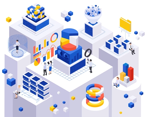 Data economy isometric composition with circular graphs bar charts flying cubes server storage and human characters vector illustration