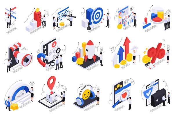 Business growth strategy isometric set of isolated compositions with conceptual icons for promotion and client engagement vector illustration