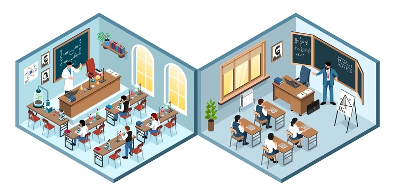 Isometric class interior isolated concept two classes sit at their desks and listen to the teacher one of whom is teaching a math class and other a chemistry class vector illustration