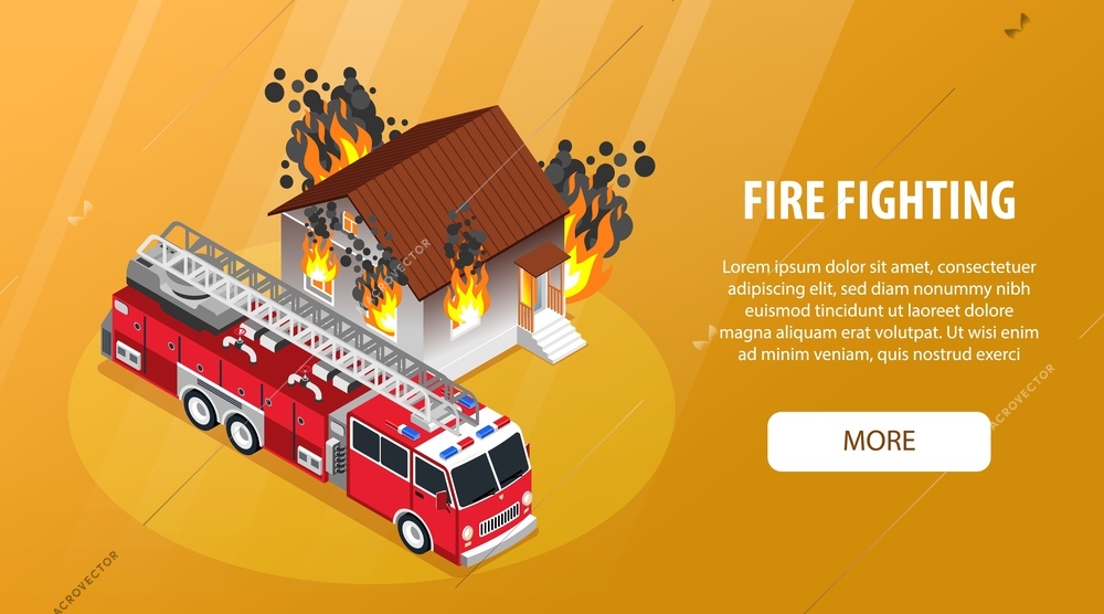 Isometric yellow firefighter horizontal banner with fire fighting headline and more button vector illustration