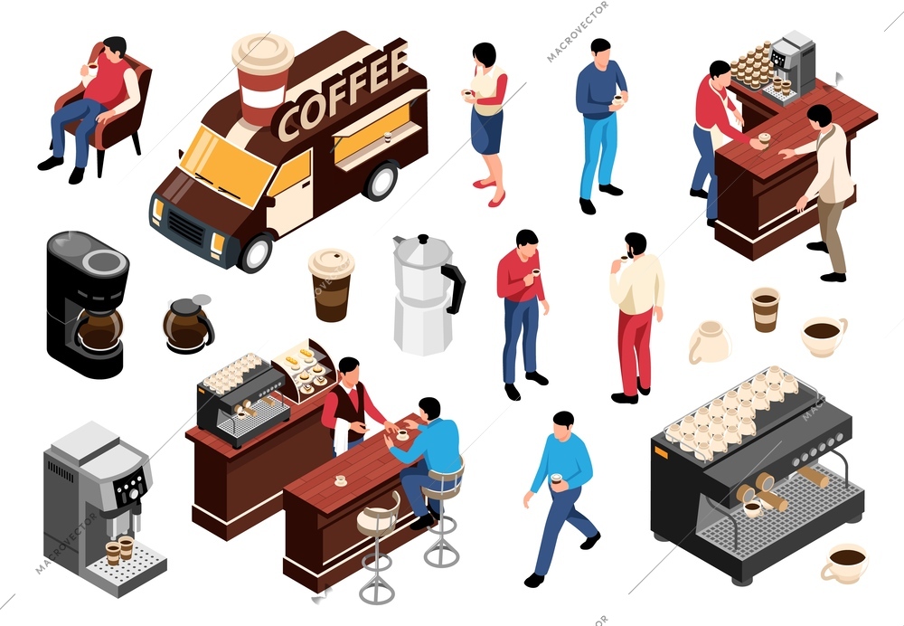 Isometric coffee icon set coffee truck customers barista coffee machine and cups vector illustration