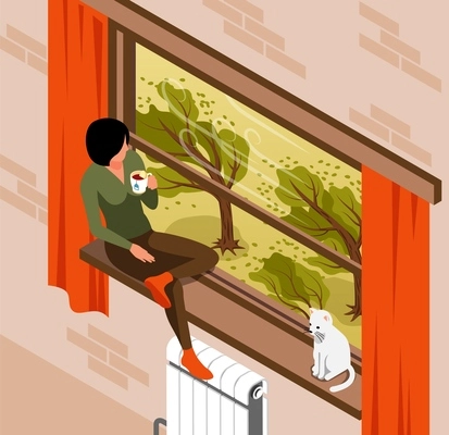 Isometric storm weather colored composition girl and her cat sit at home on the window sill and watch the strong wind outside the window vector illustration
