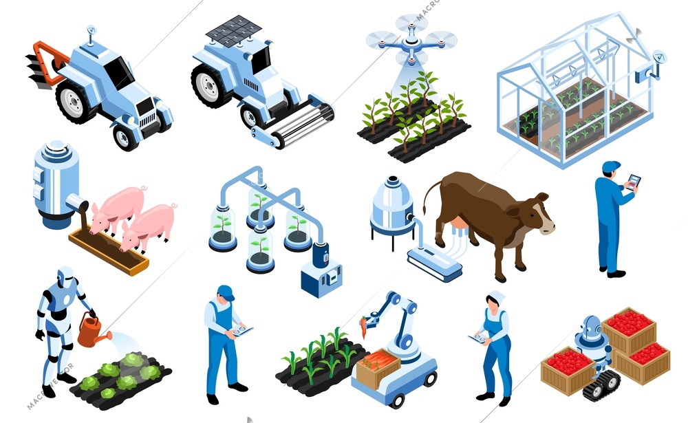 Isometric smart farm agricultural icon set farm equipment with which you can manage the cultivation of plants take care of animals vector illustration