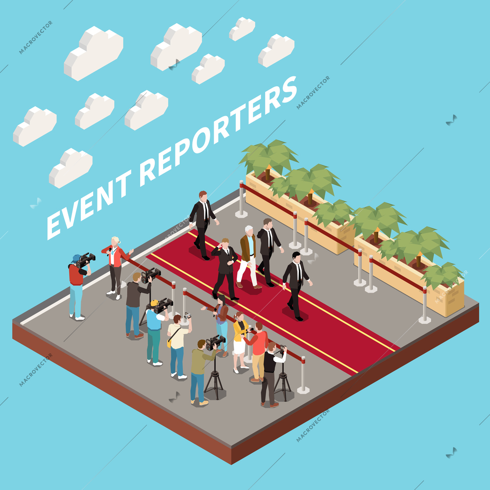 News media isometric concept with journalist and reporters on red carpet vector illustration