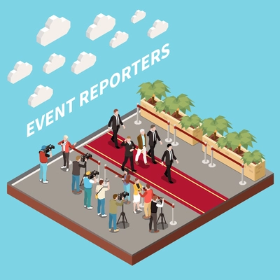 News media isometric concept with journalist and reporters on red carpet vector illustration