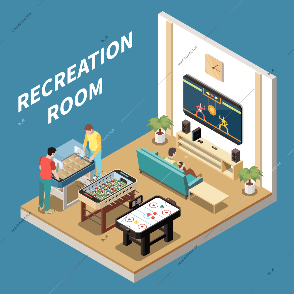 Indoor and table games isometric concept with recreation room containing arcade machine and video console vector illustration