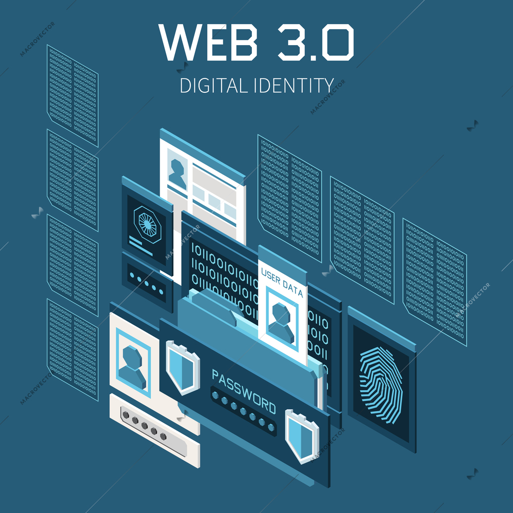 Web 3.0 technology isometric concept with digital identity symbols vector illustration