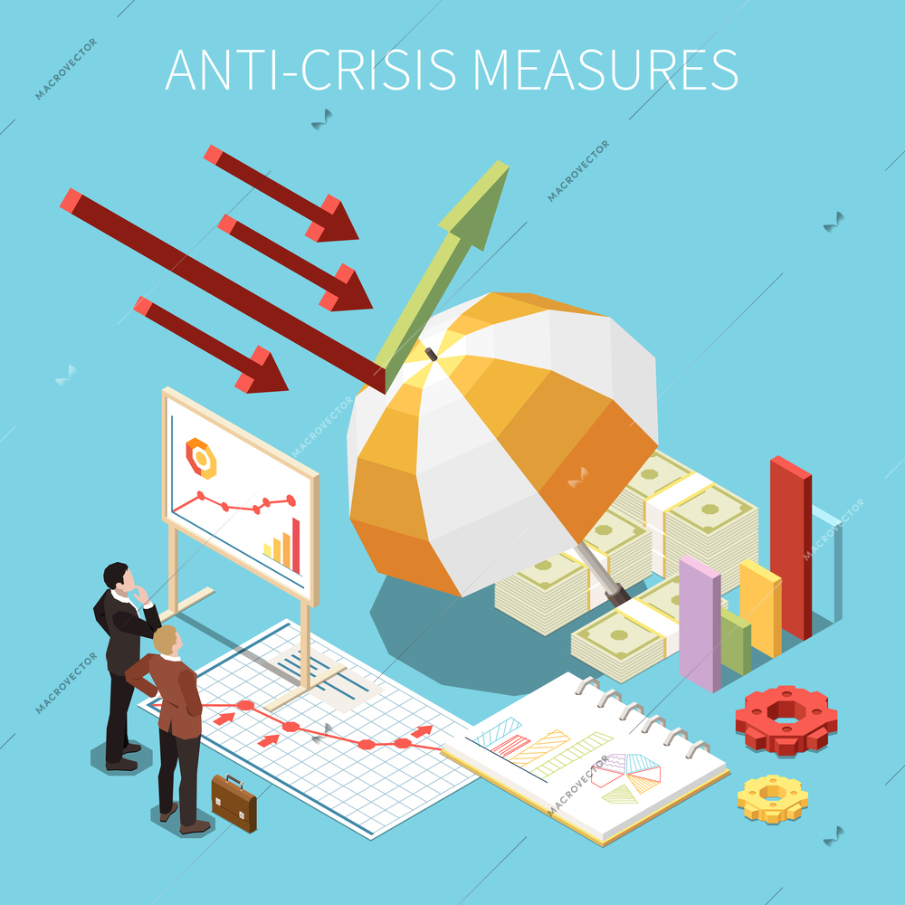 Anti-crisis measures isometric concept with business management and company financial protection symbols vector illustration