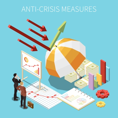 Anti-crisis measures isometric concept with business management and company financial protection symbols vector illustration