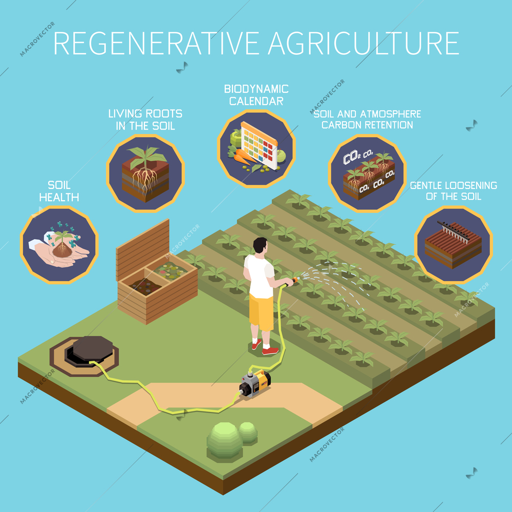 Regenerative agriculture isometric concept with modern plant growing principles vector illustration