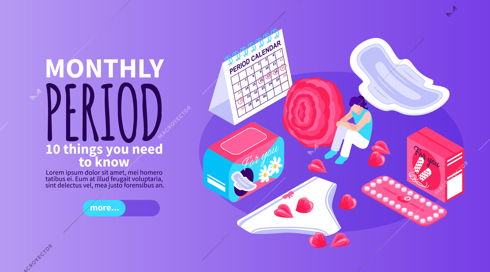 Isometric menstrual horizontal banner with personal hygiene images pill icons editable text and slider more button vector illustration