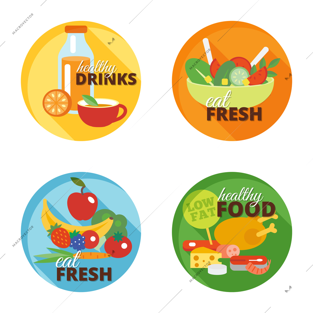 Healthy eating flat decorative icons set with drinks fresh food isolated vector illustration