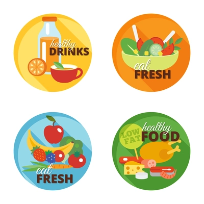 Healthy eating flat decorative icons set with drinks fresh food isolated vector illustration