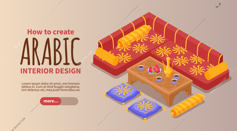 Middle eastern style furniture horizontal banner isometric vector illustration