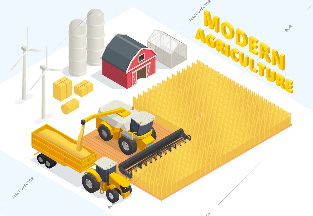 Isometric modern agriculture composition with automatic wheat harvester greenhouse wind turbines barn 3d vector illustration