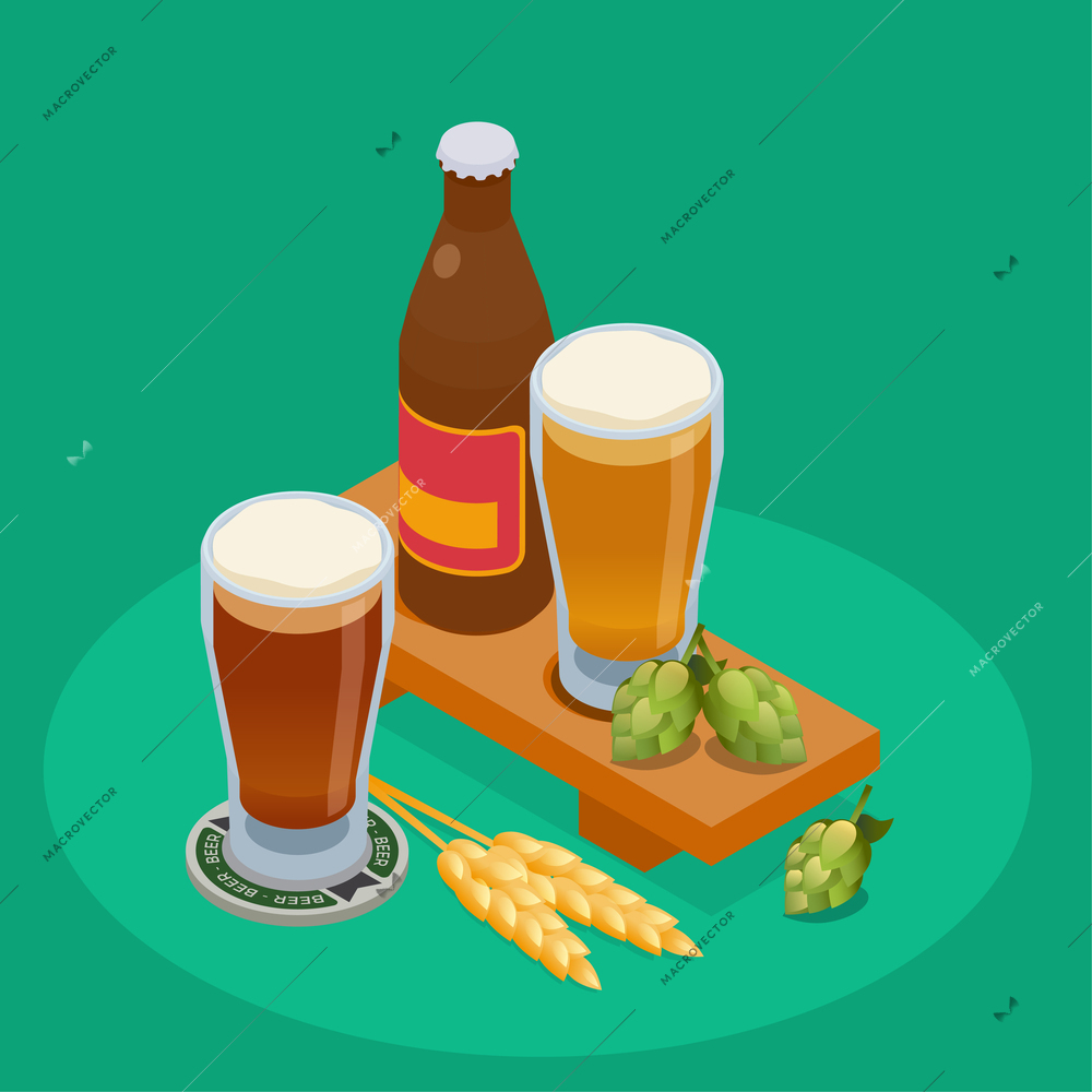 Brewery isometric composition with bottle and glasses of beer hops ear of barley on green background 3d vector illustration