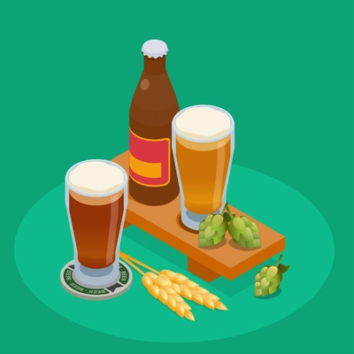 Brewery isometric composition with bottle and glasses of beer hops ear of barley on green background 3d vector illustration