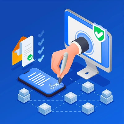 Contract agreement isometric composition with human hand putting electronic signature on blue background 3d vector illustration