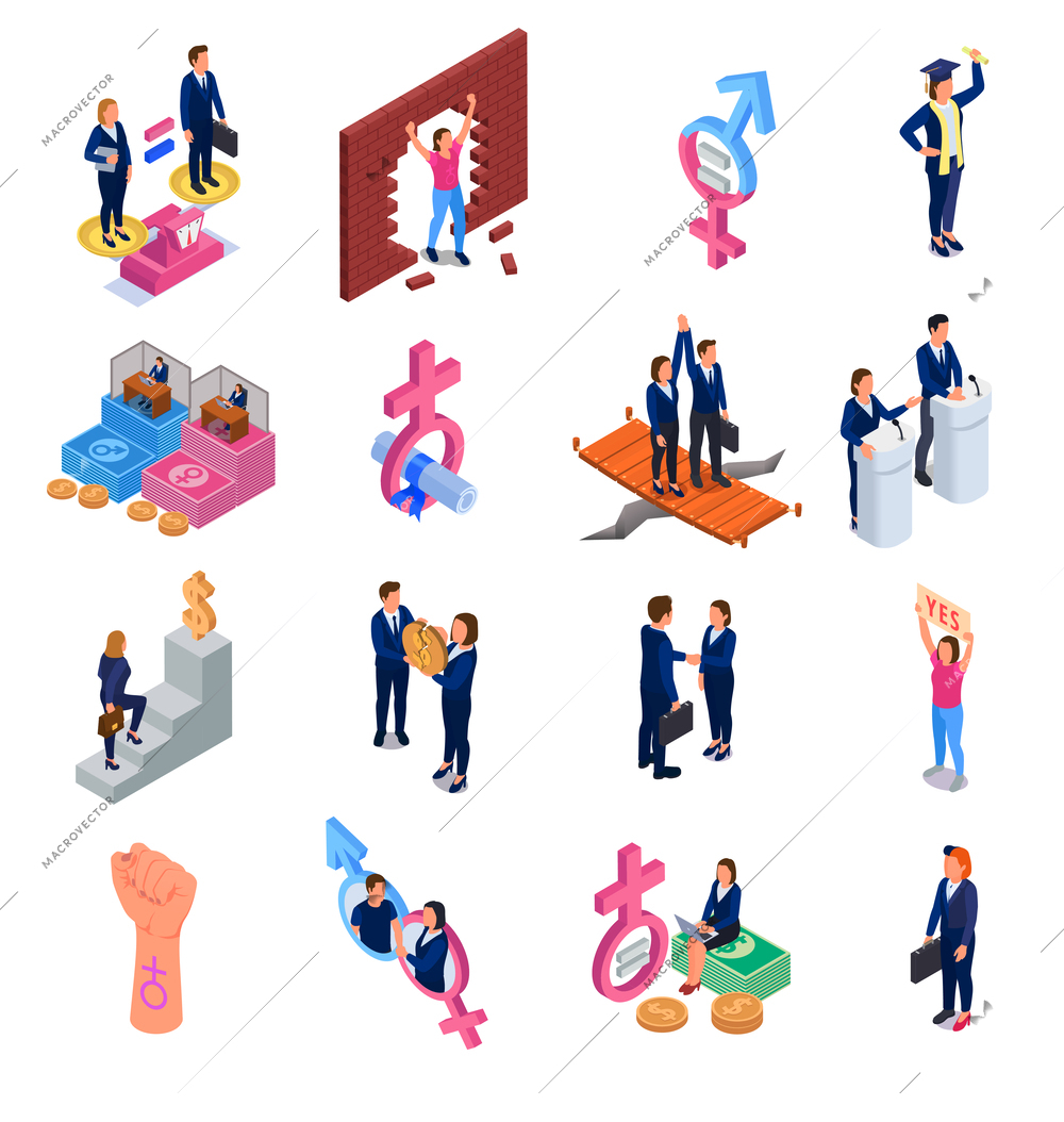 Isometric gender equality conceptual icons set with characters of women and men having equal rights and opportunities isolated vector illustration