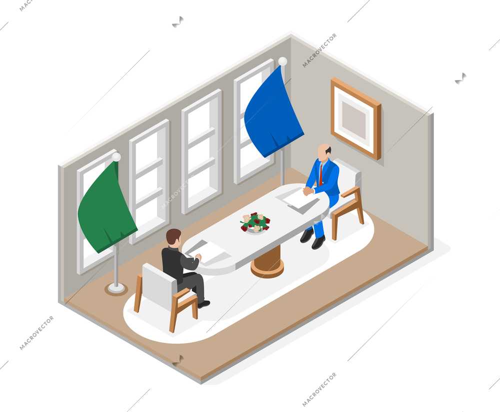 Diplomacy and diplomat isometric composition two high ranking officials sitting across the table from each other vector illustration