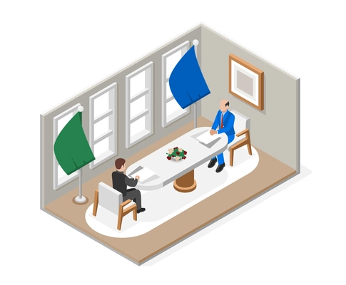 Diplomacy and diplomat isometric composition two high ranking officials sitting across the table from each other vector illustration