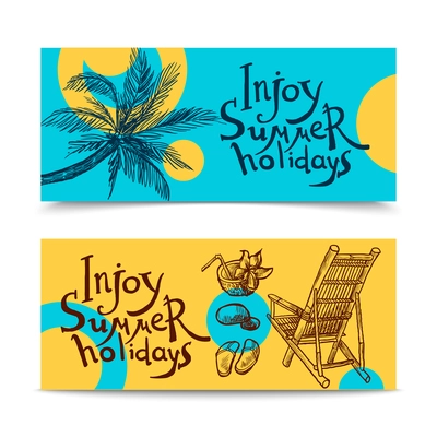 Summer beach holidays sketch horizontal banners set isolated vector illustration