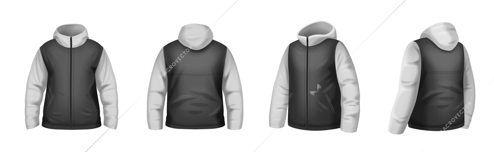 Two color male jacket realistic mockup set isolated against white background vector illustration