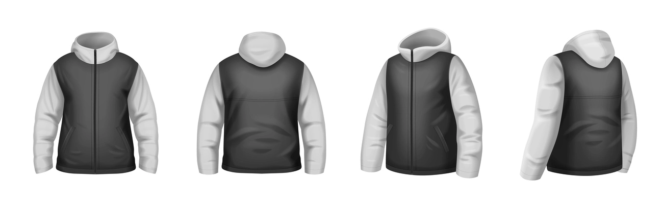 Two color male jacket realistic mockup set isolated against white background vector illustration