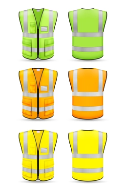 Front and rear view of realistic vest mock up of green orange and yellow colors isolated on white background vector illustration