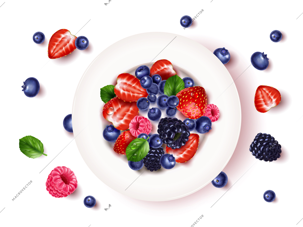 Realistic plate of fresh berries strawberries blackberries blueberries raspberries top view vector illustration