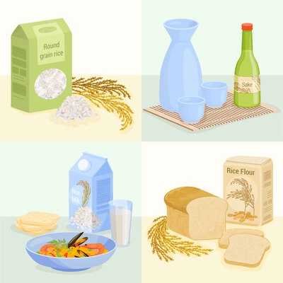 Rice products flat 2x2 set of square compositions with flour milk sake and grain product packages vector illustration