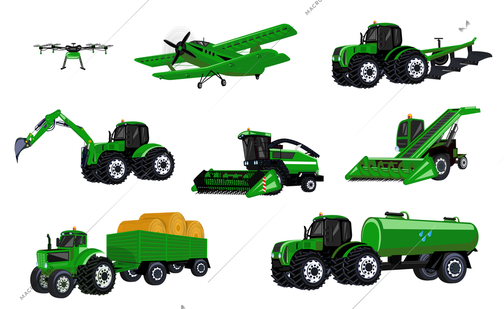 Agricultural machines transport flat set of isolated icons with views of green colored special machinery units vector illustration