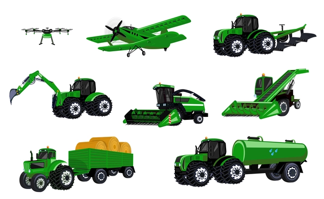 Agricultural machines transport flat set of isolated icons with views of green colored special machinery units vector illustration