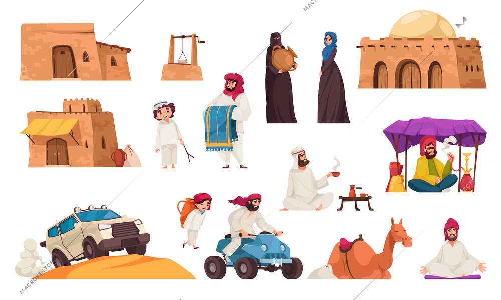 Arabic desert cartoon icons set with people wearing traditional oriental clothes isolated vector illustration