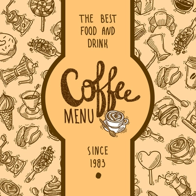 Coffee menu label with drink cups mugs and dessert on background vector illustration