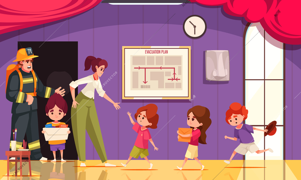 Evacuation training cartoon with school teacher children and firefighter vector illustration