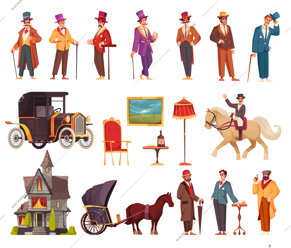 Gentlemen cartoon icons set with english aristocrats in victorian clothing isolated vector illustration