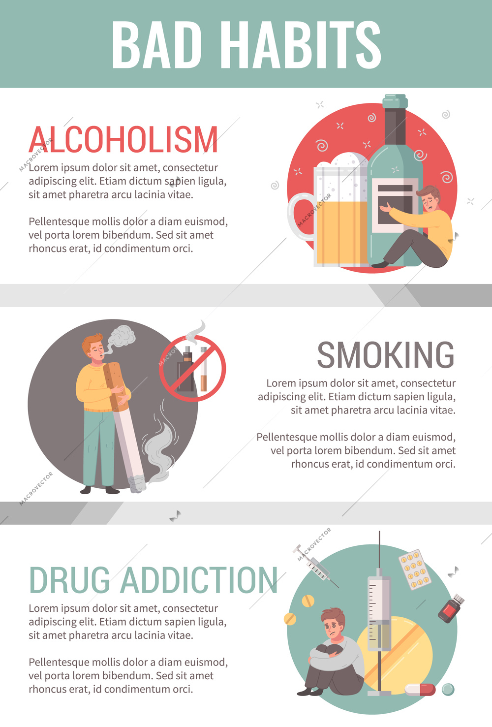 Bad habit infographics set with smoking and drug abuse addiction cartoon symbols vector illustration